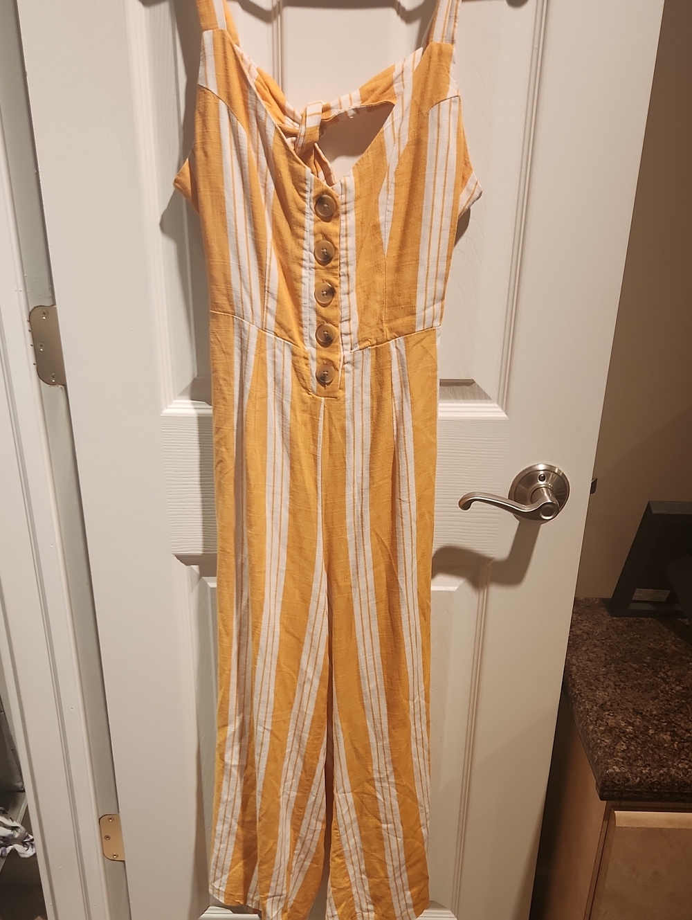 Kendall & Kylie Yellow and White Striped Button-Front Jumpsuit